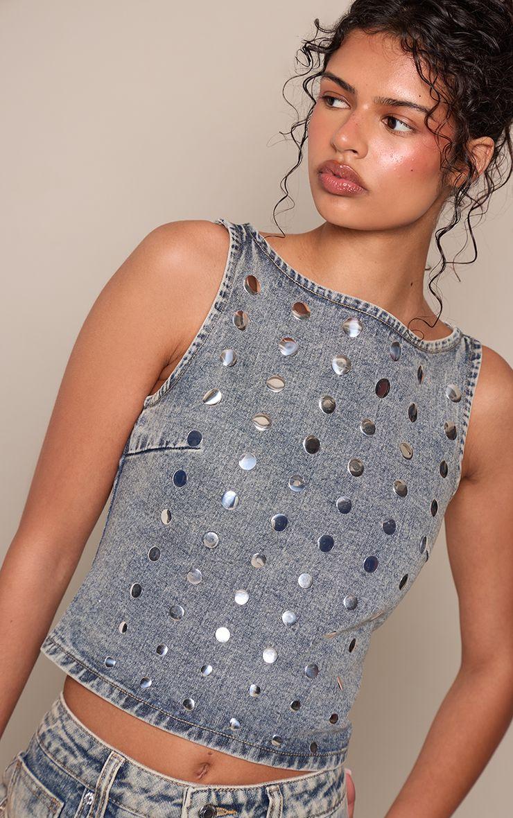 Studded Sleeveless Denim Top by PRETTYLITTLETHING
