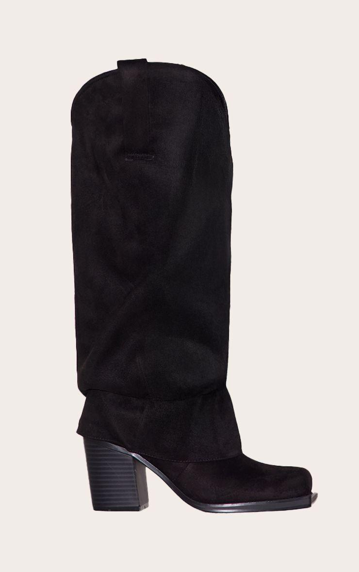 Suede Square Toe Fold Over Knee High Block Heel Western Boots by PRETTYLITTLETHING