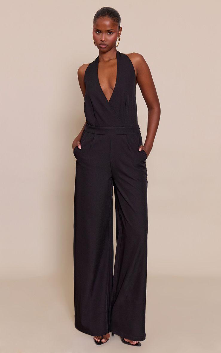 Tailored Plunge Halter Neck Wide Leg Jumpsuit by PRETTYLITTLETHING