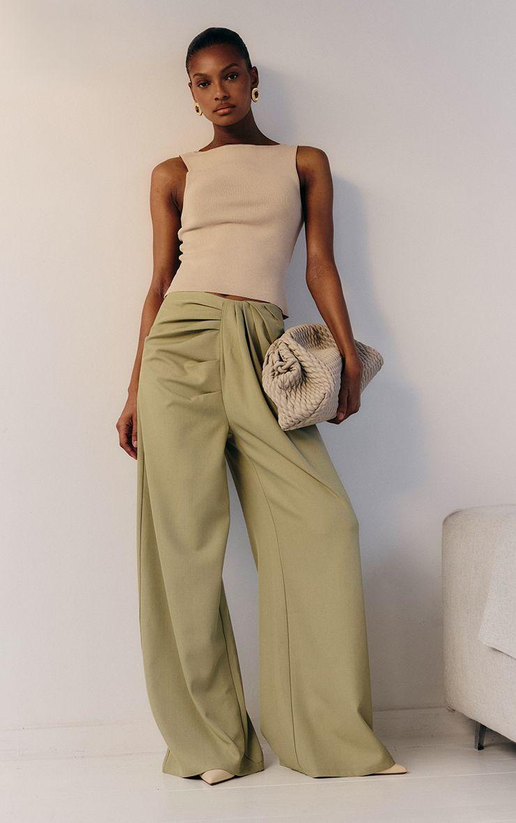 Tailored Woven Pleat Detail Wide Leg Trousers by PRETTYLITTLETHING