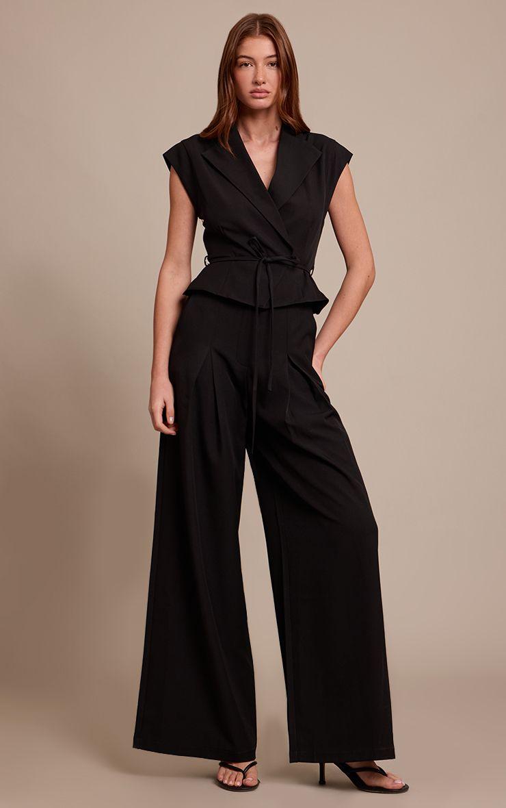 Tailored Woven Tie Waist Wide Leg Jumpsuit by PRETTYLITTLETHING