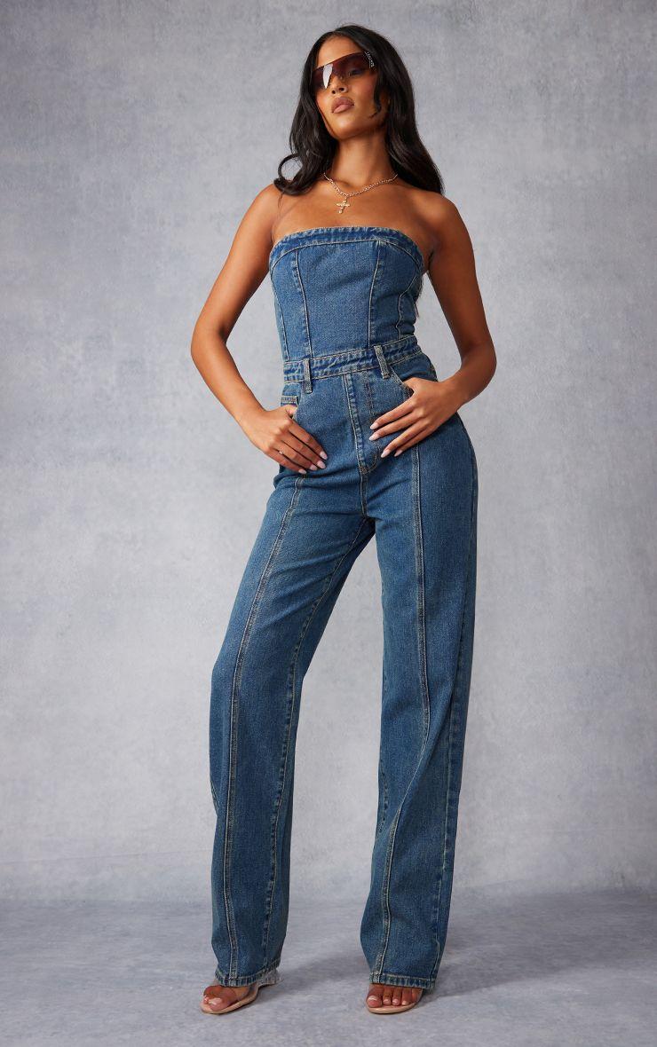 Tall  Bandeau Denim Straight Leg Jumpsuit by PRETTYLITTLETHING