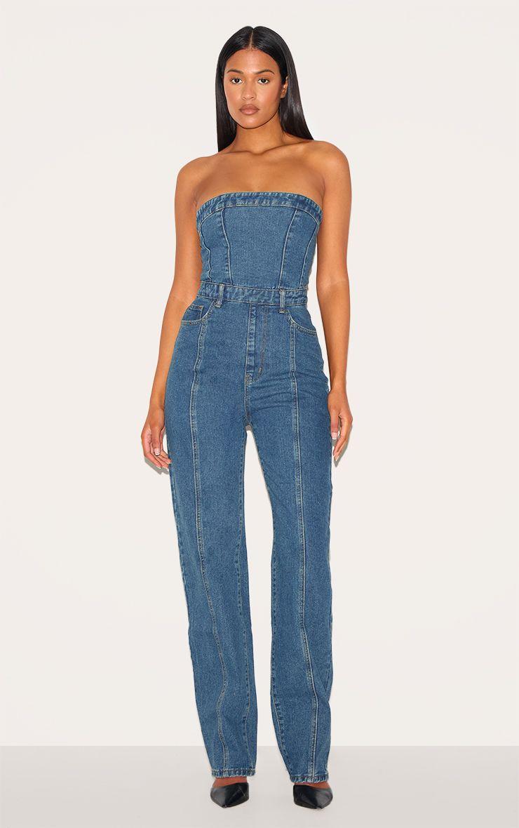Tall  Bandeau Style Straight Leg Denim Jumpsuit by PRETTYLITTLETHING
