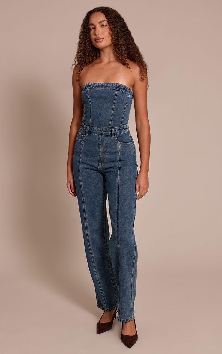 Tall  Bandeau Style Straight Leg Denim Jumpsuit by PRETTYLITTLETHING