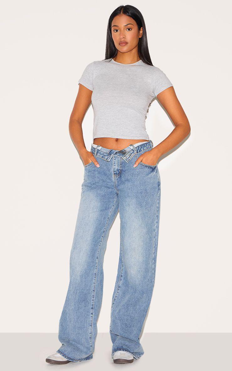 Tall Blue Vintage Wash Foldover Waistband Wide Leg Jeans by PRETTYLITTLETHING