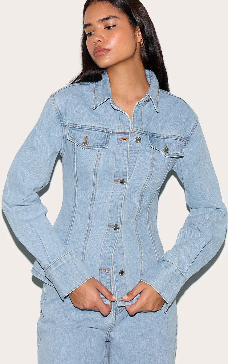 Tall  Long Sleeve Cinched Denim Shirt by PRETTYLITTLETHING