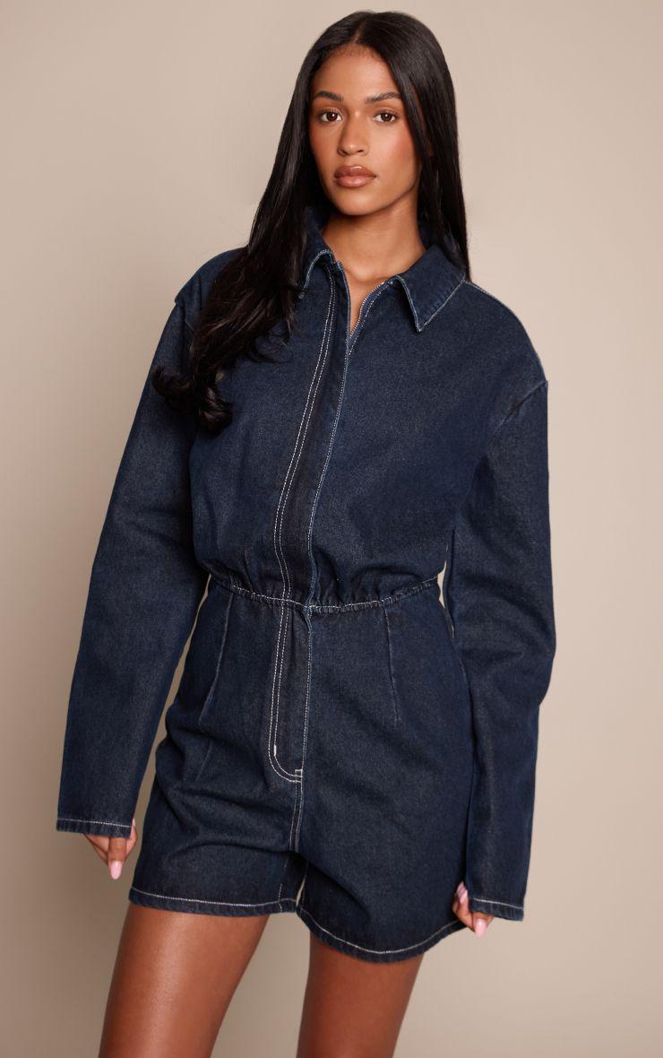 Tall  Long Sleeve Denim Playsuit by PRETTYLITTLETHING