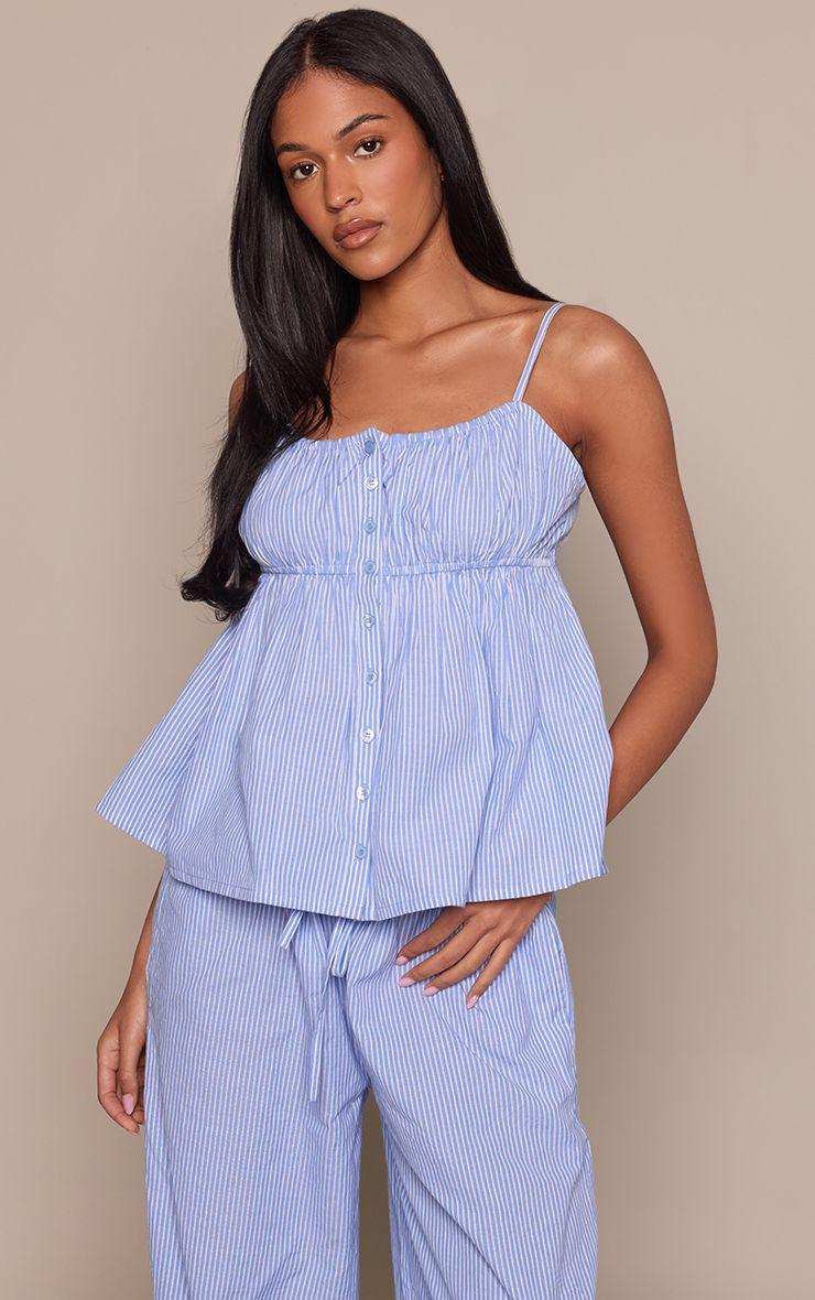Tall  Pinstripe Cotton Ruched Bust Top Co-ord by PRETTYLITTLETHING