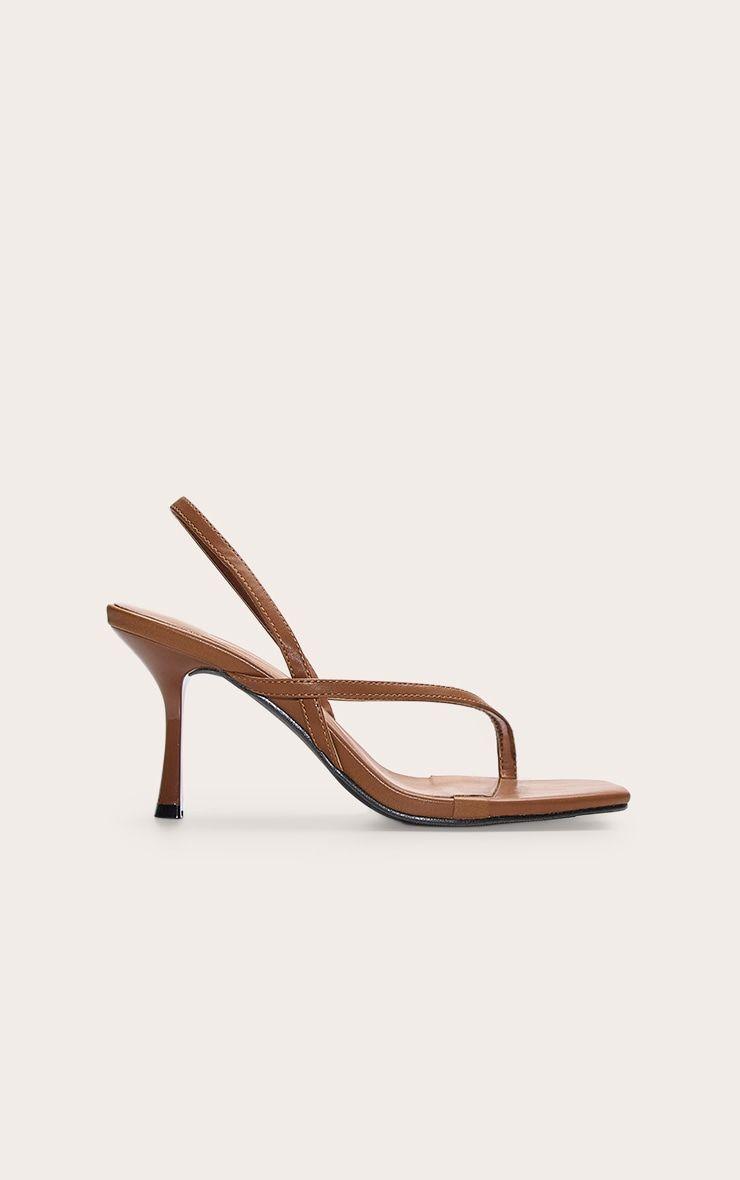 Tan Pu Square Toe Thong SlingBack Mid Heeled Sandals by PRETTYLITTLETHING