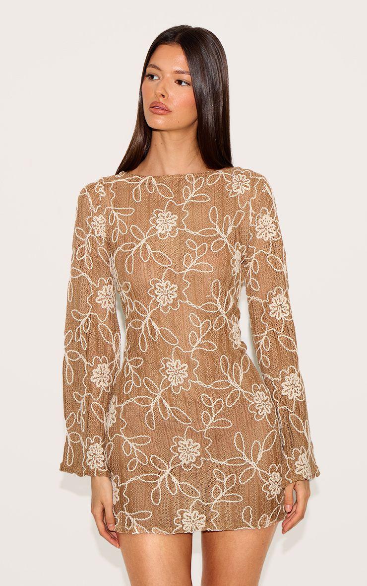 Textured Floral Long Sleeve Shift Dress by PRETTYLITTLETHING