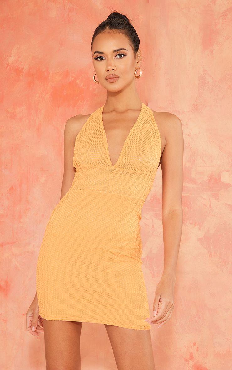 Textured Plunge Halter Bodycon Dress by PRETTYLITTLETHING