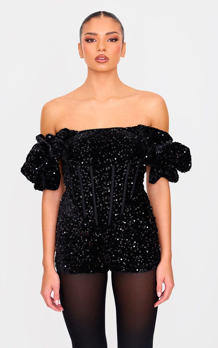 Velvet Sequin Puff Sleeve Playsuit by PRETTYLITTLETHING
