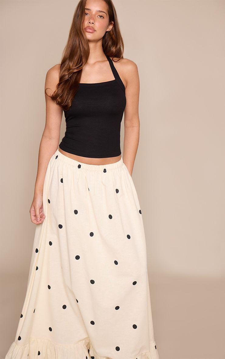 White Polka Dot Linen Look Tiered Floaty Maxi Skirt by PRETTYLITTLETHING