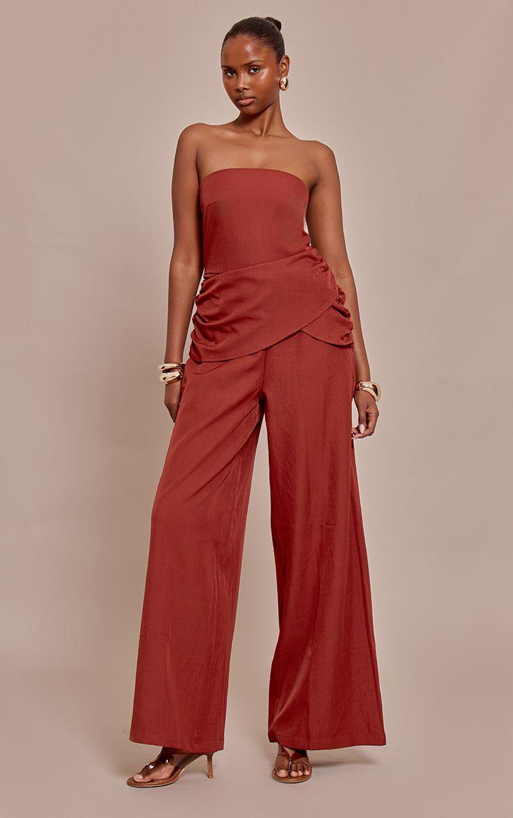 Woven Bandeau Draped Wide Leg Jumpsuit by PRETTYLITTLETHING