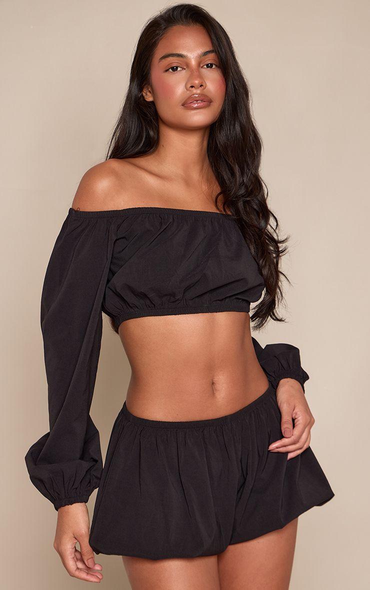 Woven Bardot Long Puff Sleeve Crop Top Co-ord by PRETTYLITTLETHING
