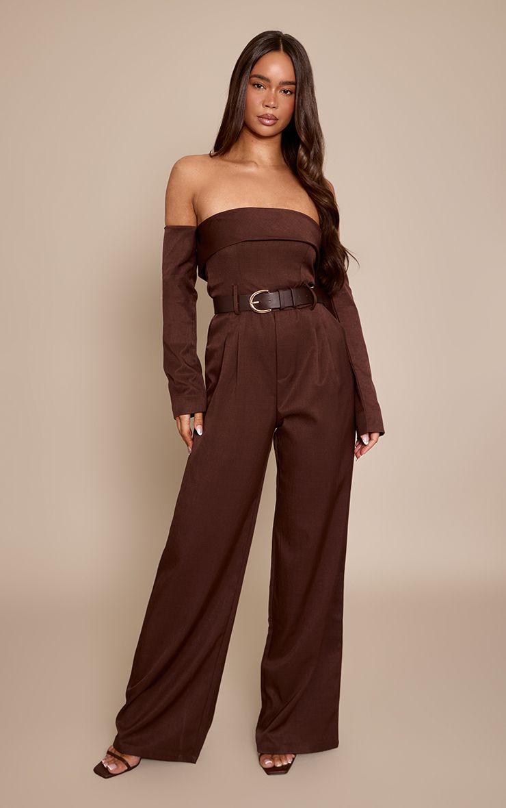 Woven Bardot Long Sleeve Belt Detail Jumpsuit by PRETTYLITTLETHING