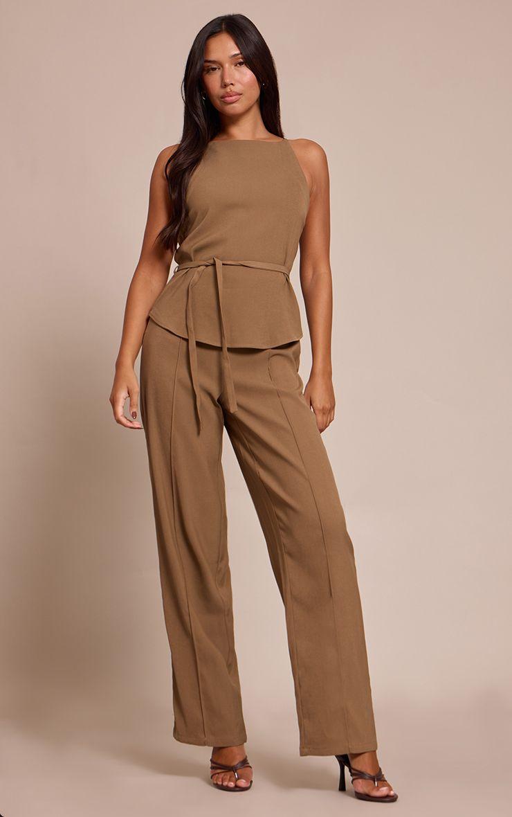 Woven Belt Tied Straight Leg Jumpsuit by PRETTYLITTLETHING