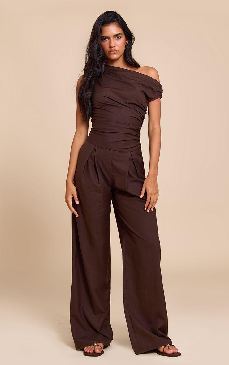 Woven Ruched One Sleeve Jumpsuit by PRETTYLITTLETHING