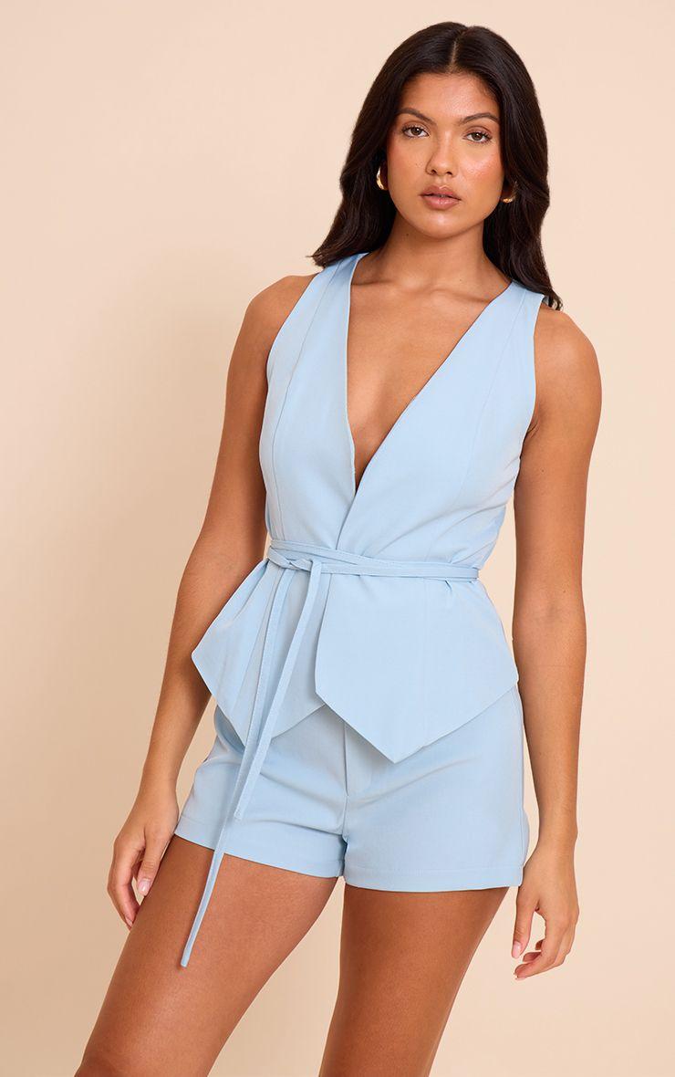 Woven Tie Waist Waistcoat Playsuit by PRETTYLITTLETHING