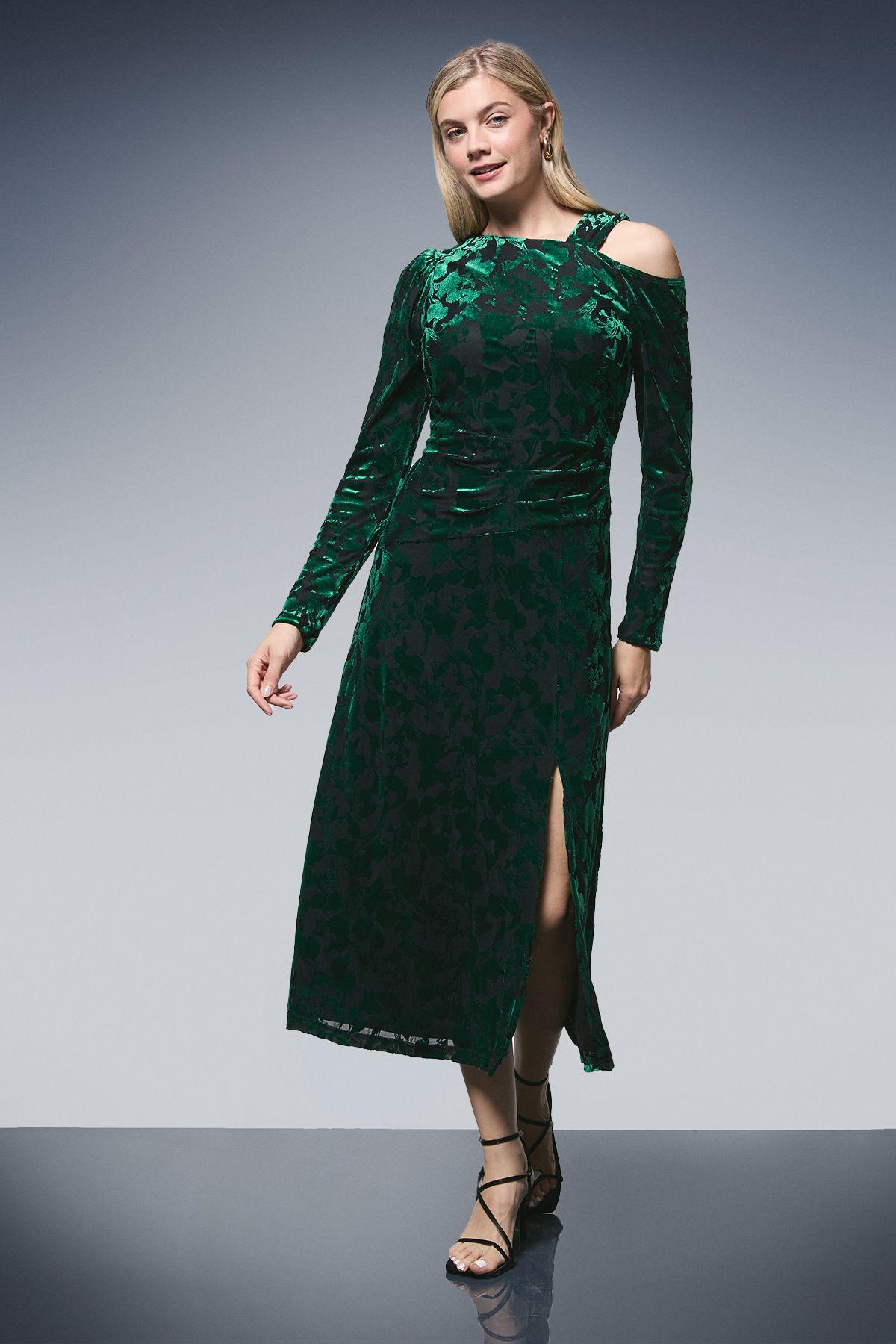 Asymmetric Neck Velvet Devore Midi Dress by PRINCIPLES