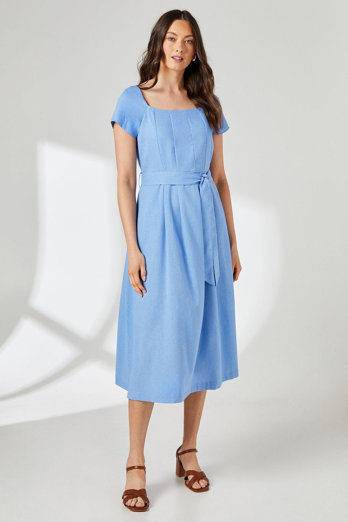 Blue Square Neck Belted Linen Midi Dress by PRINCIPLES