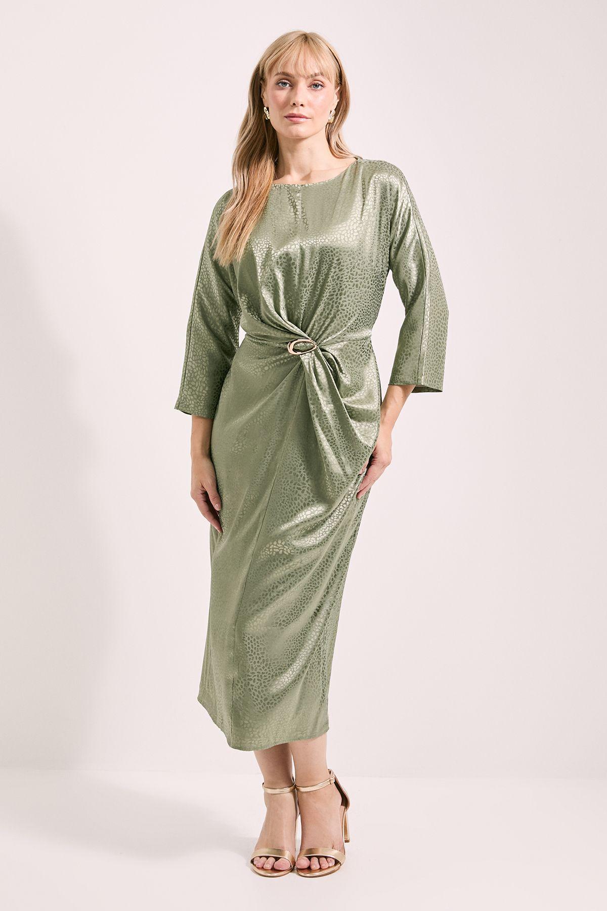 Buckle Detail Twist Front Satin Jacquard Midi Dress by PRINCIPLES