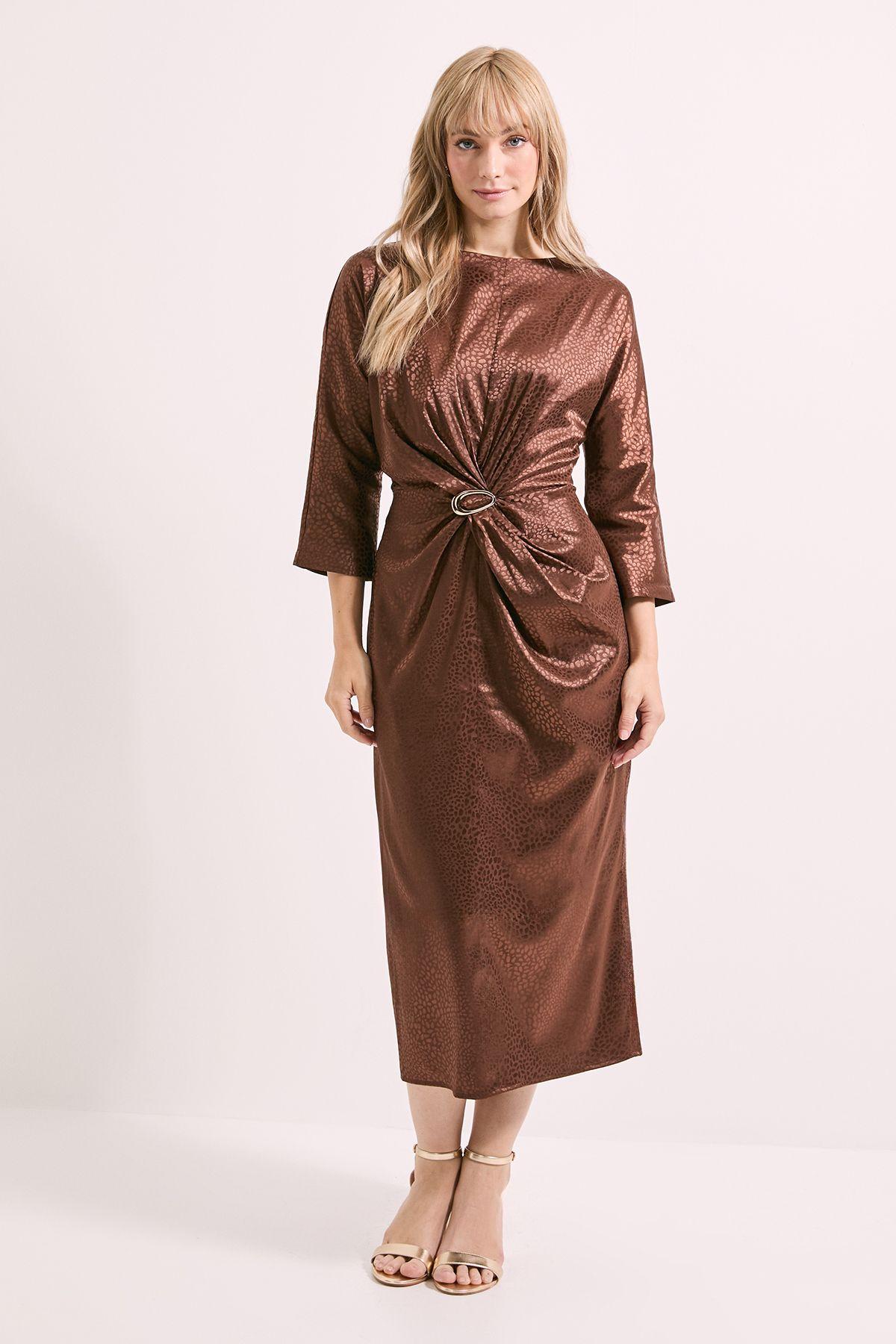 Buckle Detail Twist Front Satin Jacquard Midi Dress by PRINCIPLES