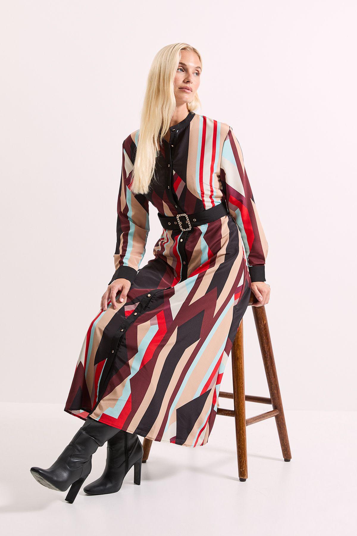 Contrast Collar Printed Belted Midi Dress by PRINCIPLES