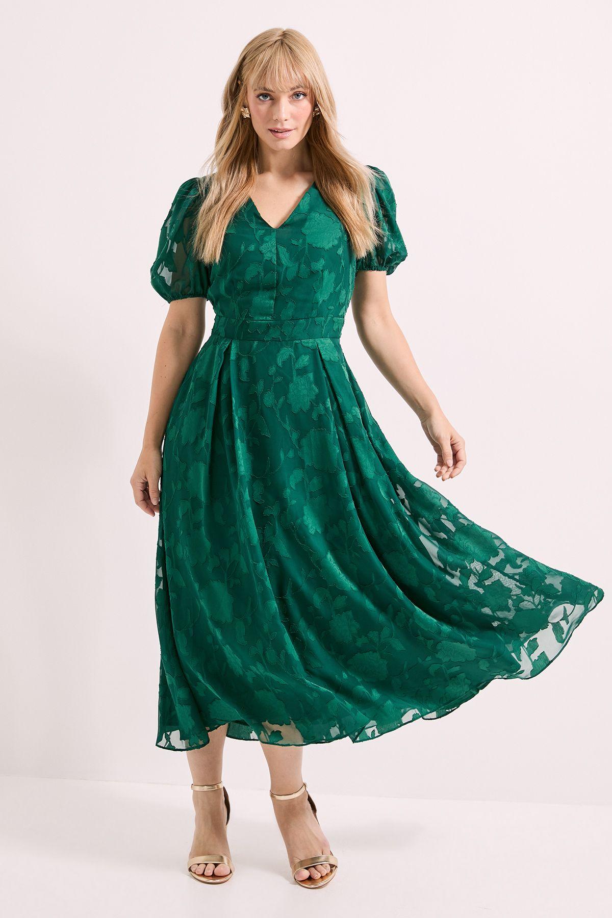 Floral Jacquard Puff Sleeve Midi Dress by PRINCIPLES