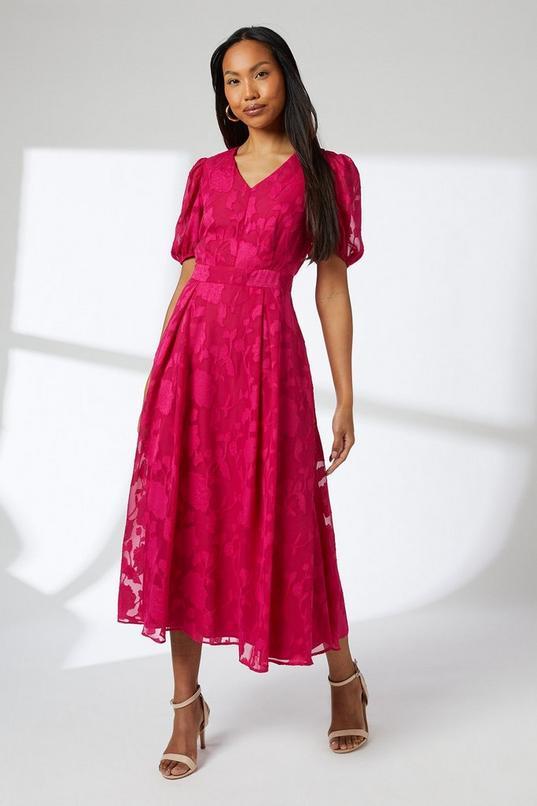 Floral Jacquard Puff Sleeve Midi Dress by PRINCIPLES