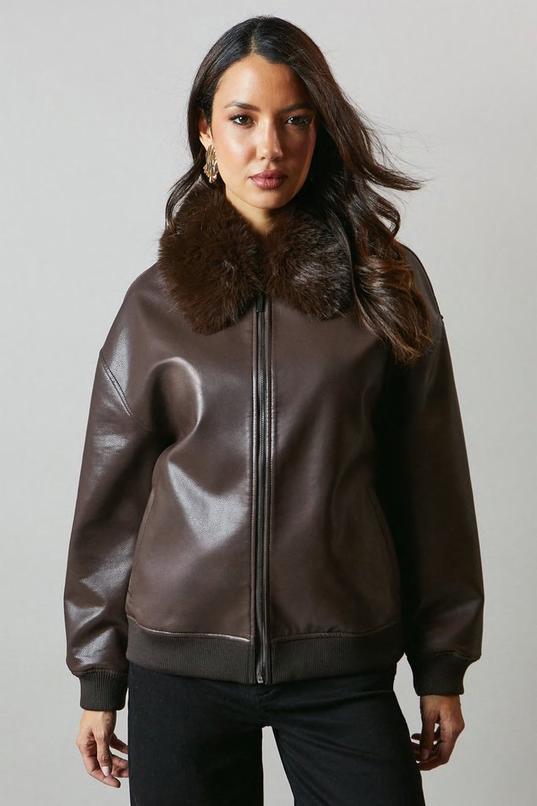 Fur Collar Faux Leather Bomber by PRINCIPLES