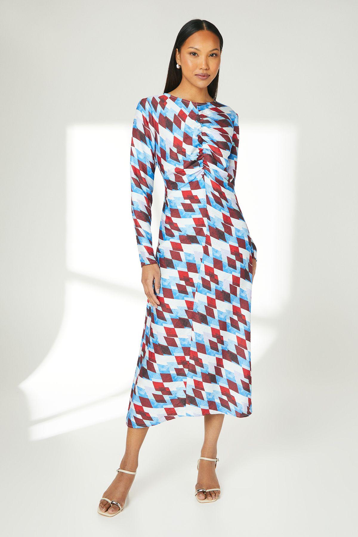 Geo Print Ruched Front Midi Dress by PRINCIPLES Geo Print Ruched Front Midi Dress by PRINCIPLES