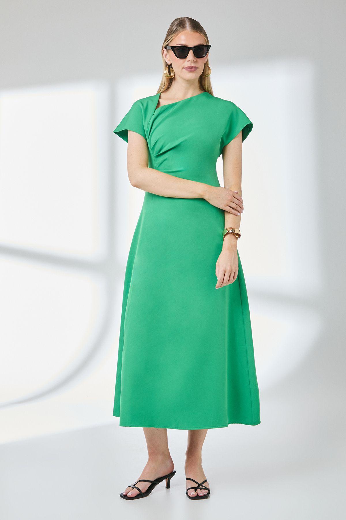 Green Asymmetric Neckline Contrast Cuff Midi Dress by PRINCIPLES