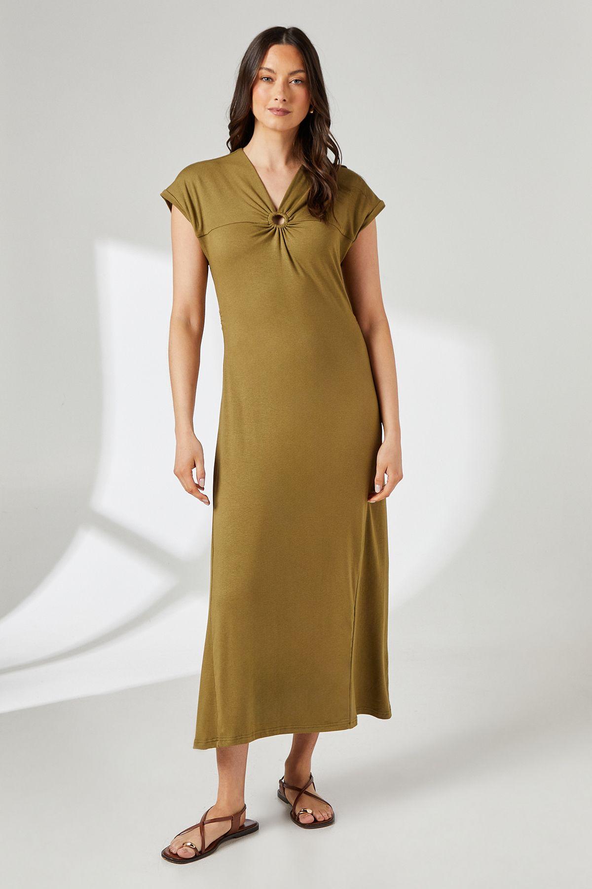 Khaki Contrast Ring Detail Jersey Midi Dress by PRINCIPLES