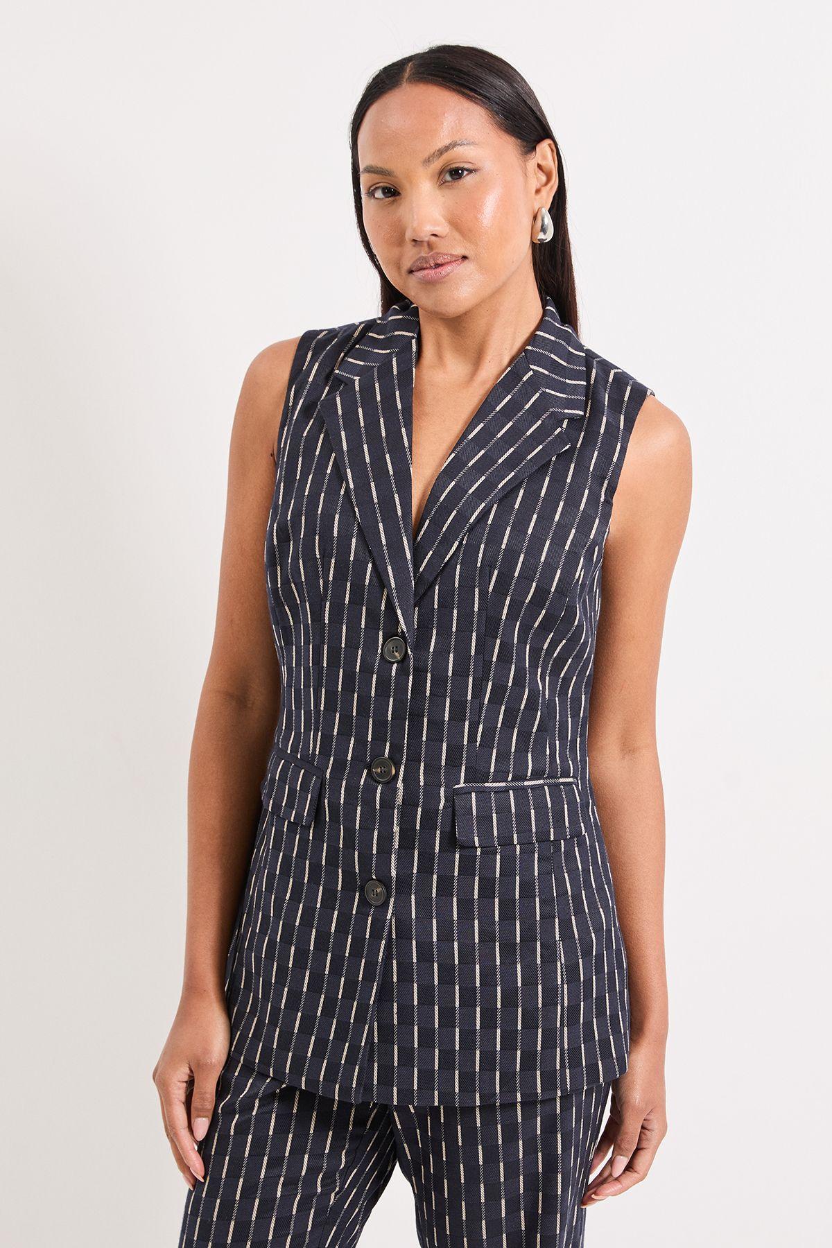 Navy Check Detail Collared Button Front Waistcoat by PRINCIPLES
