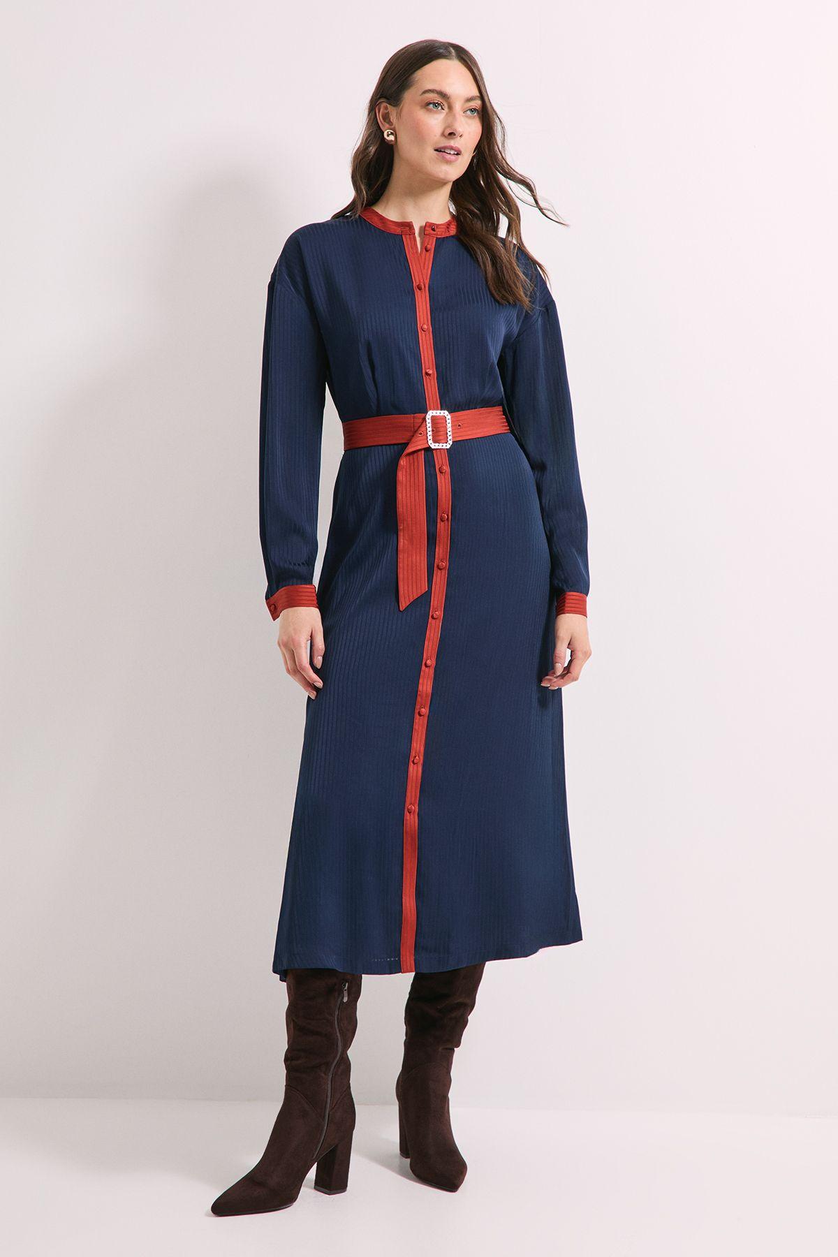 Navy Satin Stripe Contrast Collar Belted Midi Dress by PRINCIPLES Navy Satin Stripe Contrast Collar Belted Midi Dress by PRINCIPLES