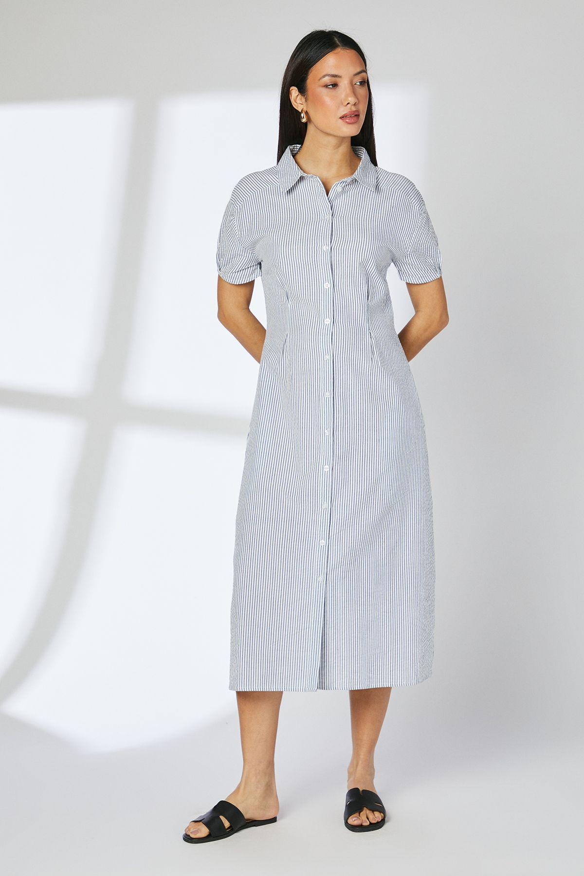 Navy Stripe Dart Detail Seersucker Shirt Dress by PRINCIPLES