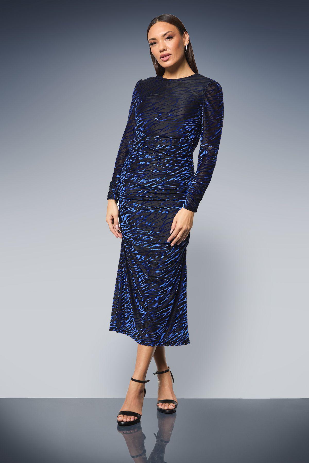 Ruched Cuff And Side Seam Velvet Devore Bodycon Dress by PRINCIPLES