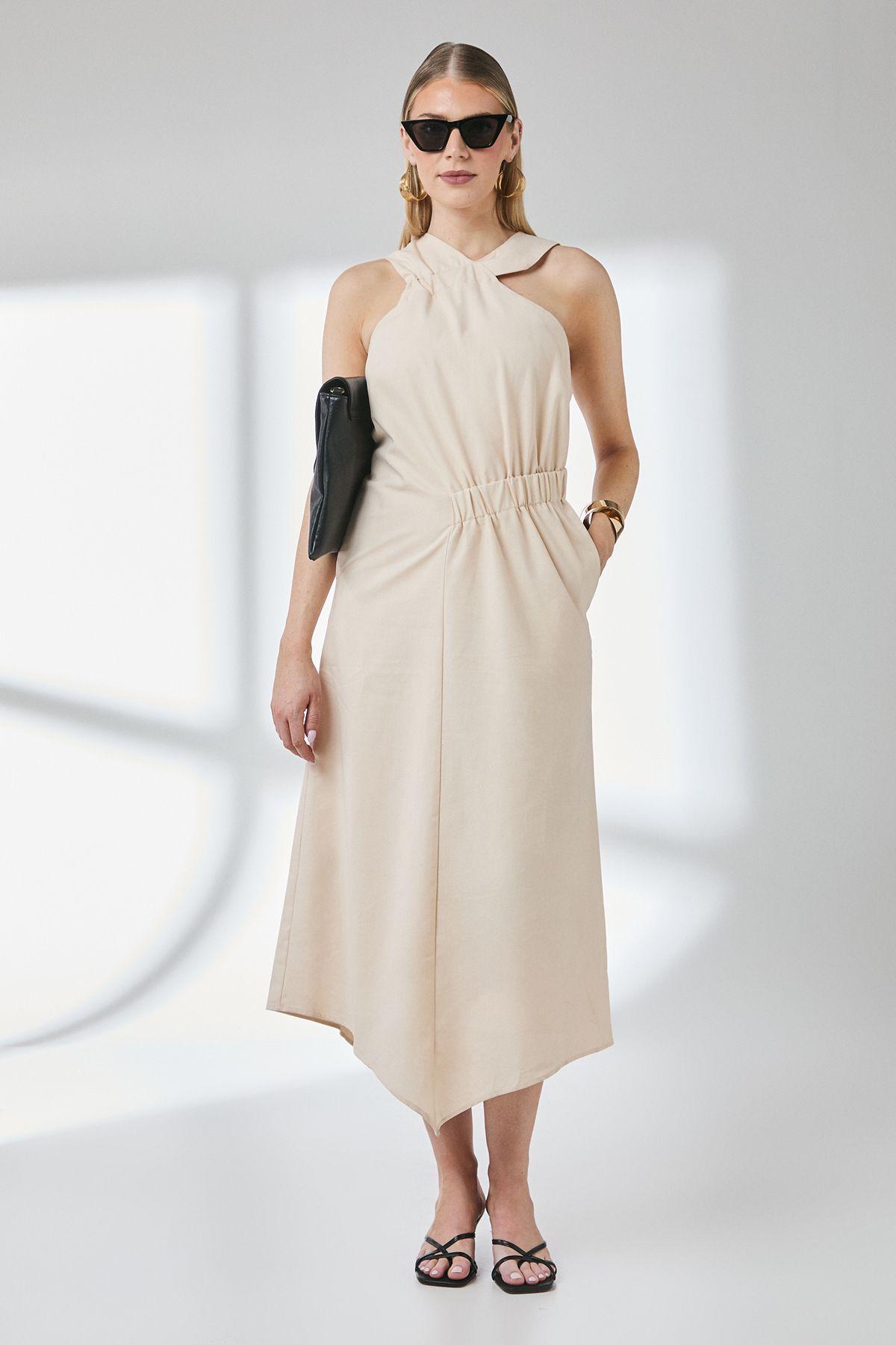 Sand Linen Asymmetric Hem Halter Midaxi Dress by PRINCIPLES
