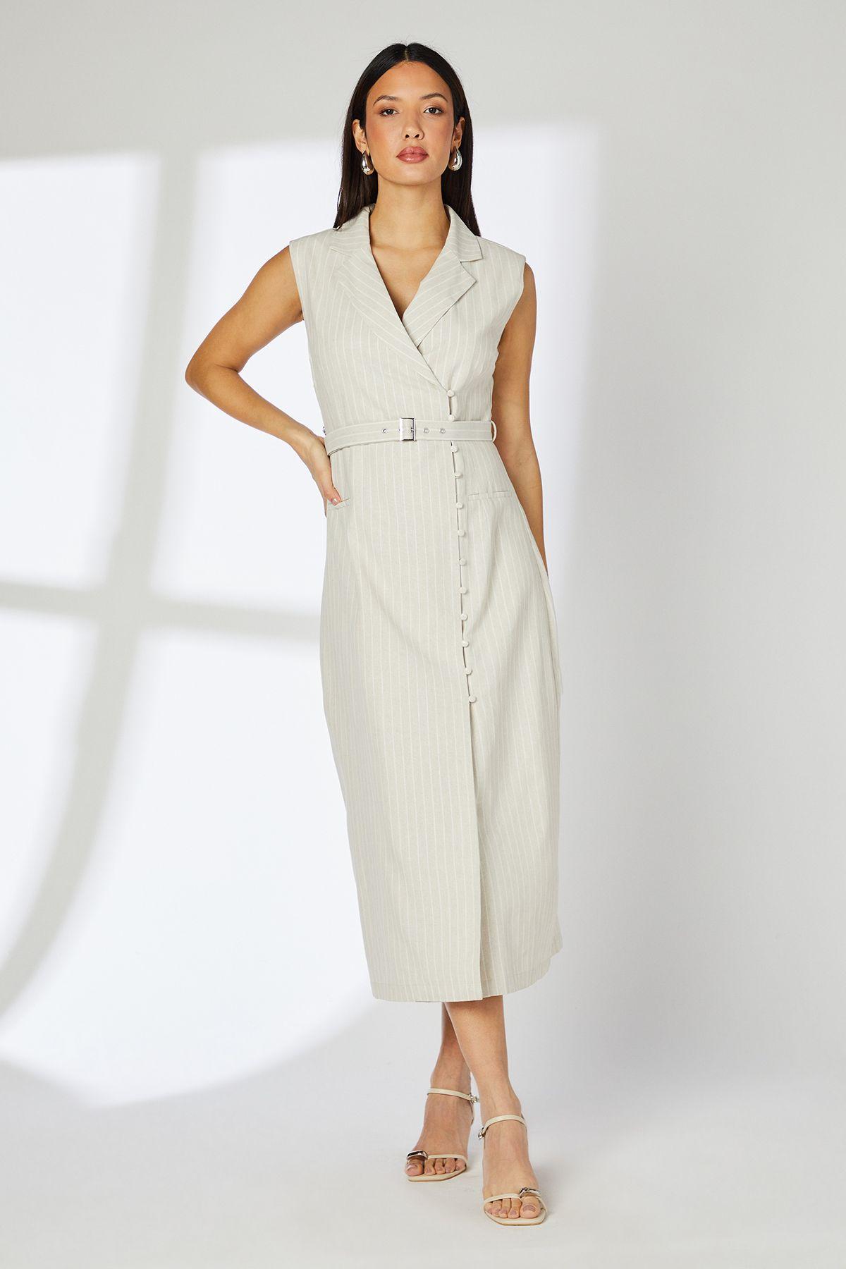 Sand Stripe Button Down Belted Blazer Dress by PRINCIPLES Sand Stripe Button Down Belted Blazer Dress by PRINCIPLES