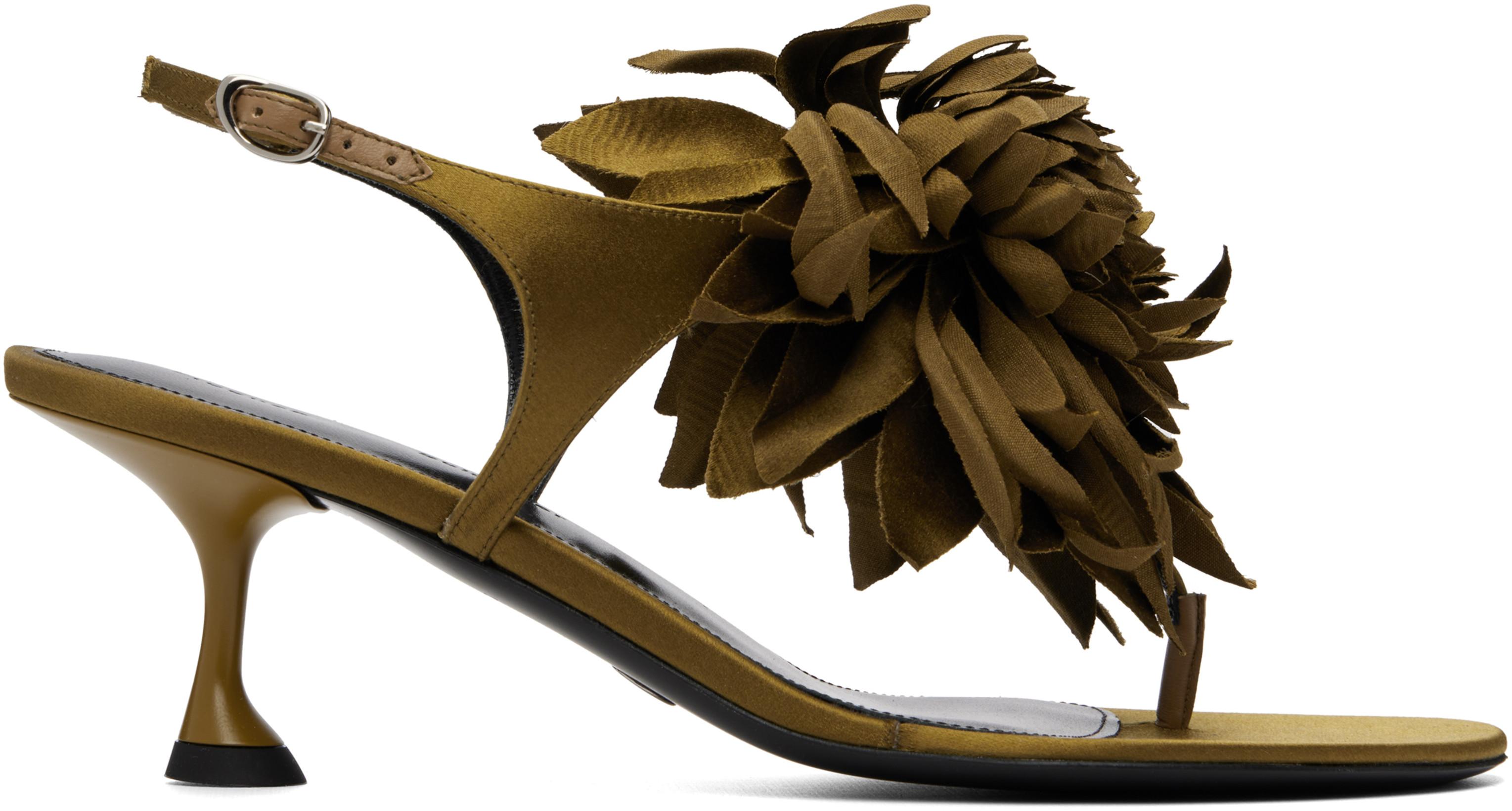Khaki Tee Thong Flower Heeled Sandals by PROENZA SCHOULER
