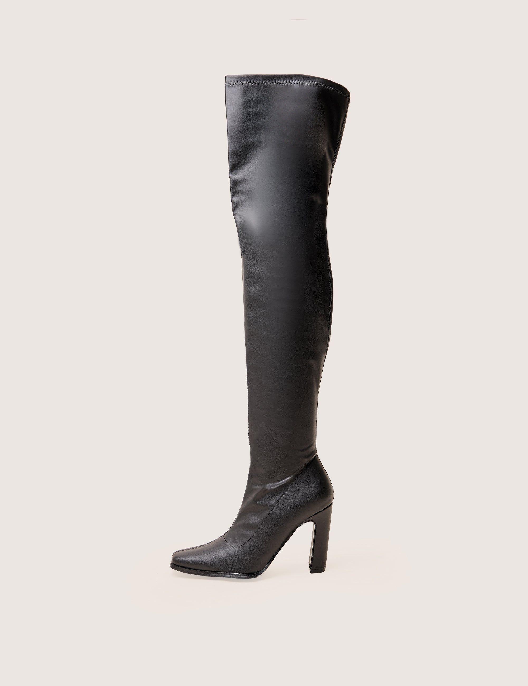 Acquaria Black Pu Over the Knee Flared Heel Boots by PUBLIC DESIRE