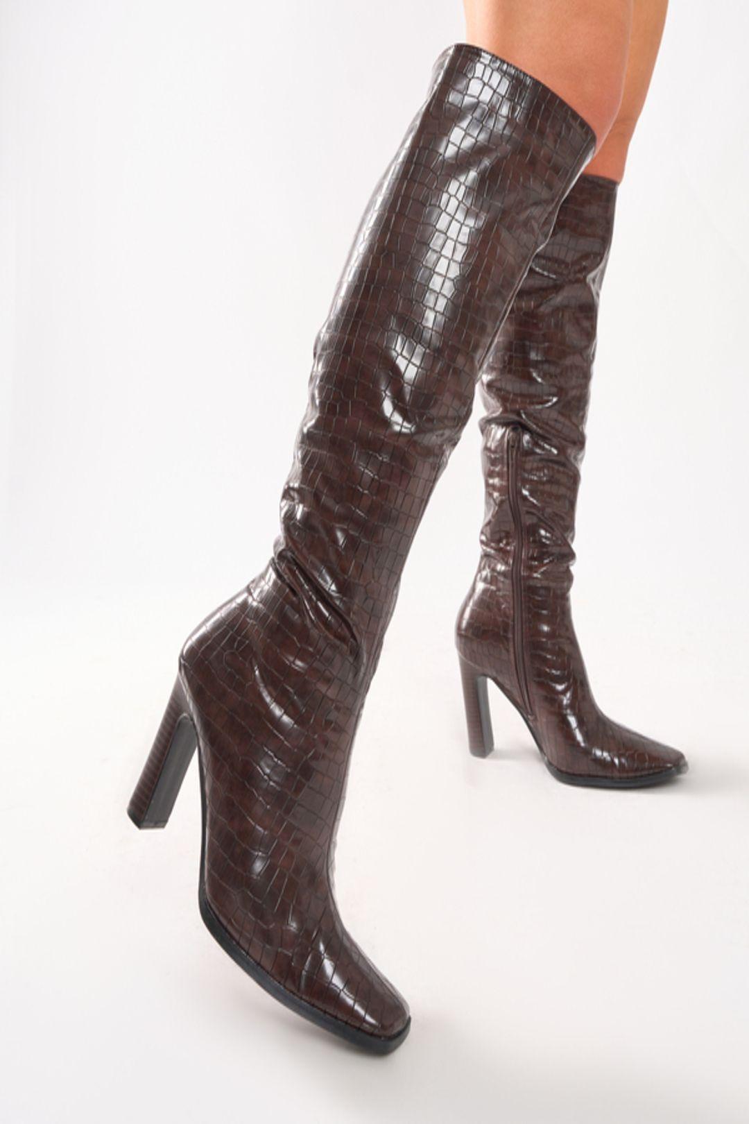 Acquilla Brown Croc Pattern Knee High Flared Heel Boots by PUBLIC DESIRE