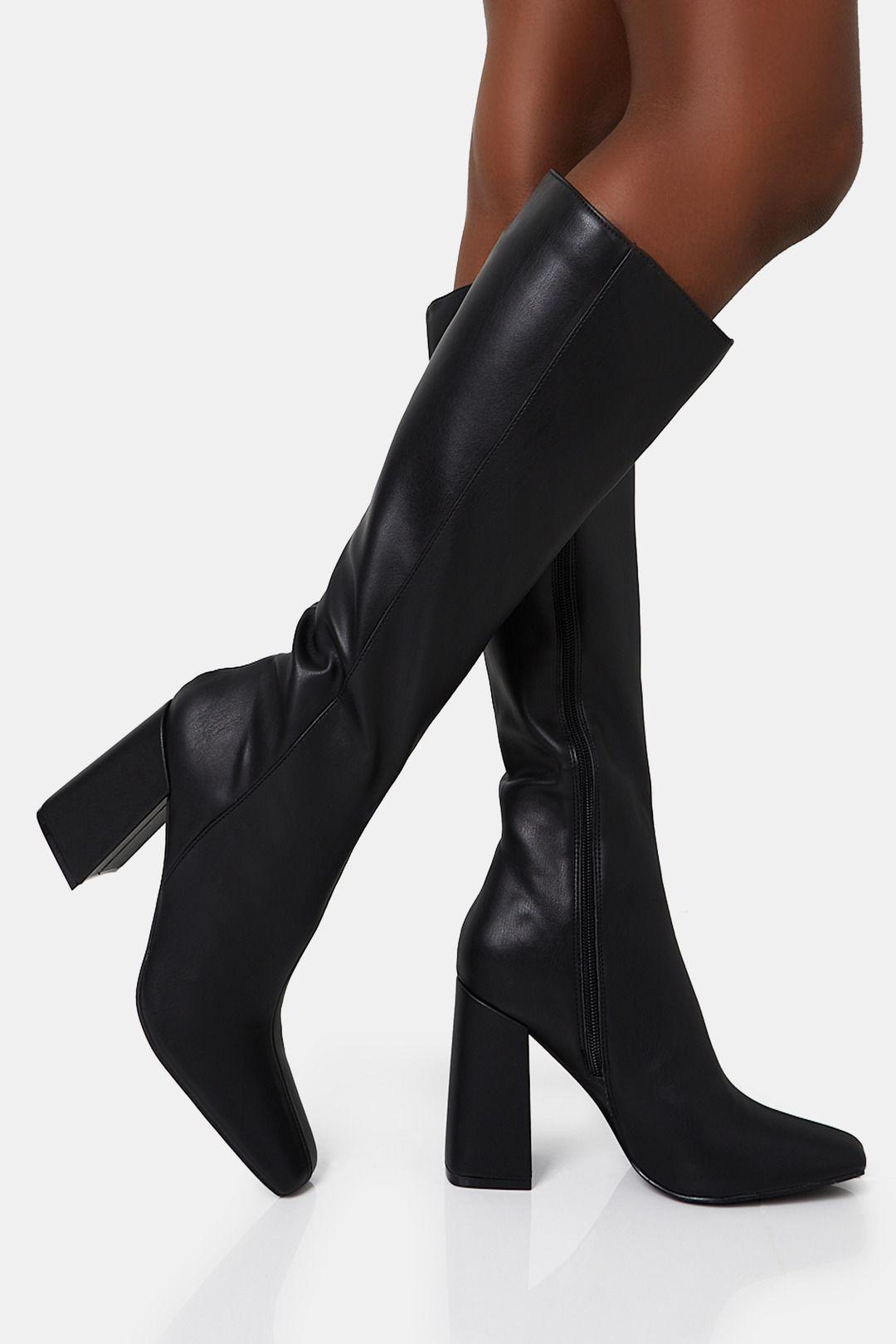 Apology Black Pu Knee High Block Heel Boots by PUBLIC DESIRE