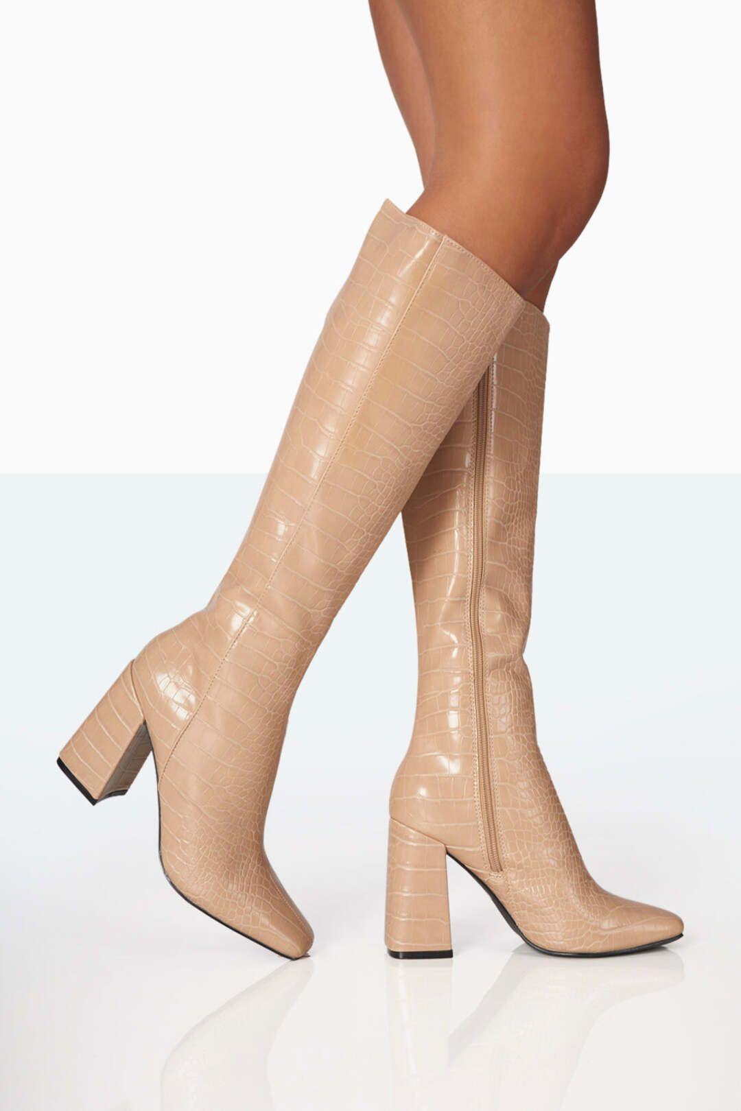 Apology Nude Patent Croc Knee High Block Heel Boots by PUBLIC DESIRE
