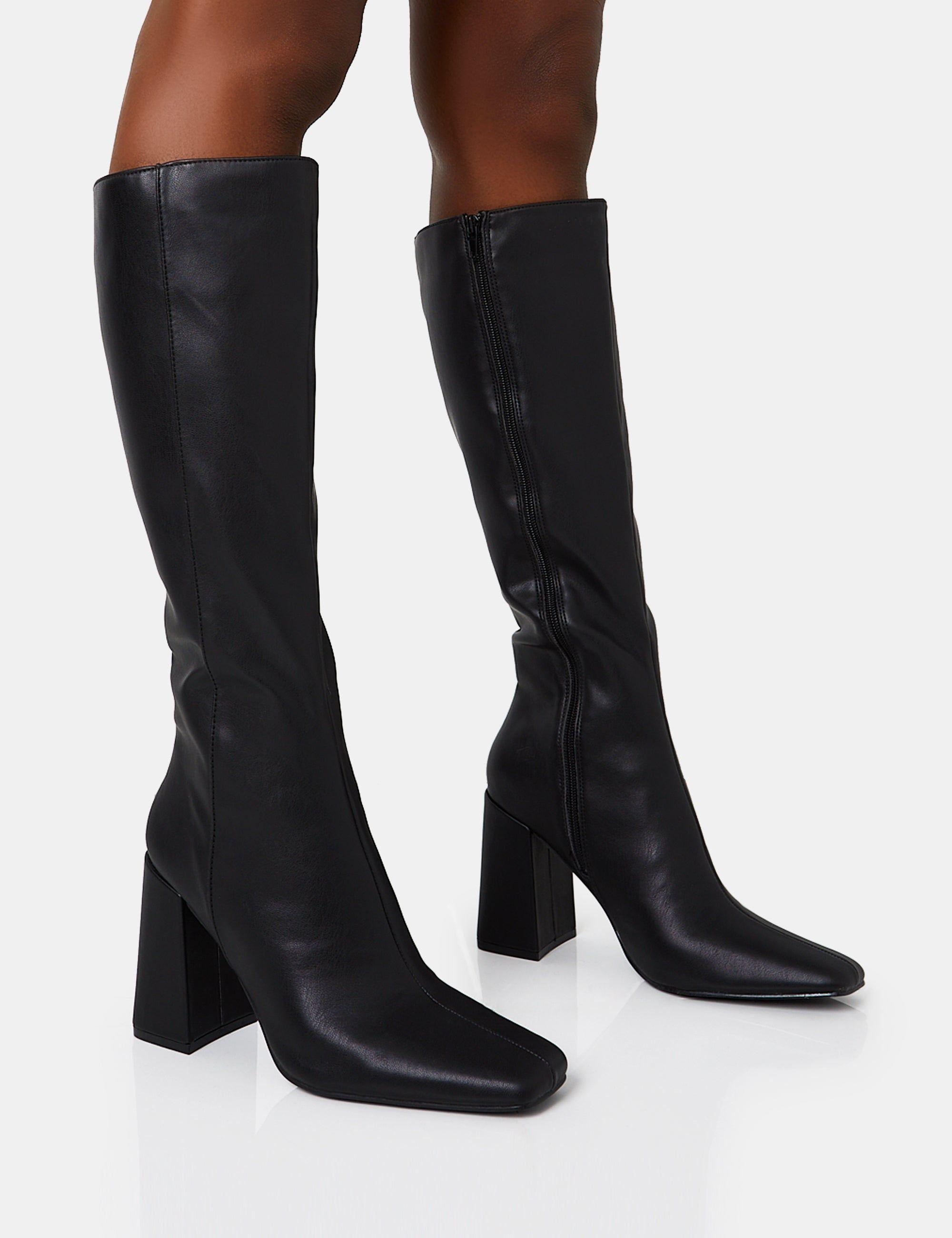 Apology Wide Fit Black Pu Knee High Block Heel Boots by PUBLIC DESIRE