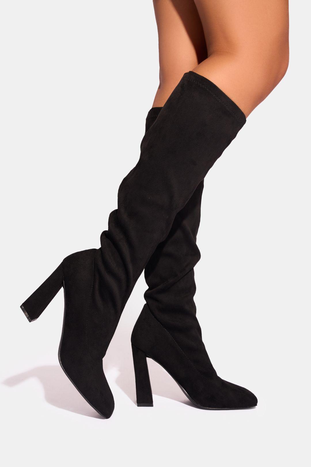 Audrina Black Suede Block Heel Knee High Sock Boots by PUBLIC DESIRE