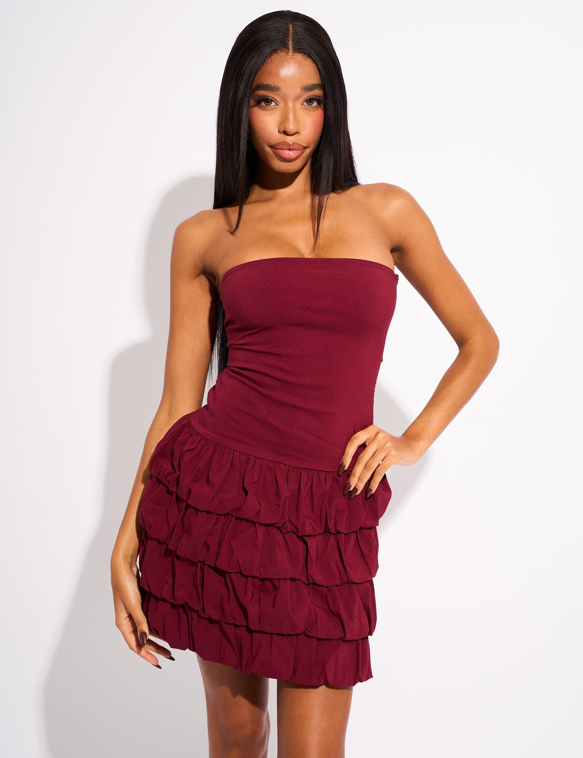 Bandeau Balloon Mini Dress Burgundy by PUBLIC DESIRE