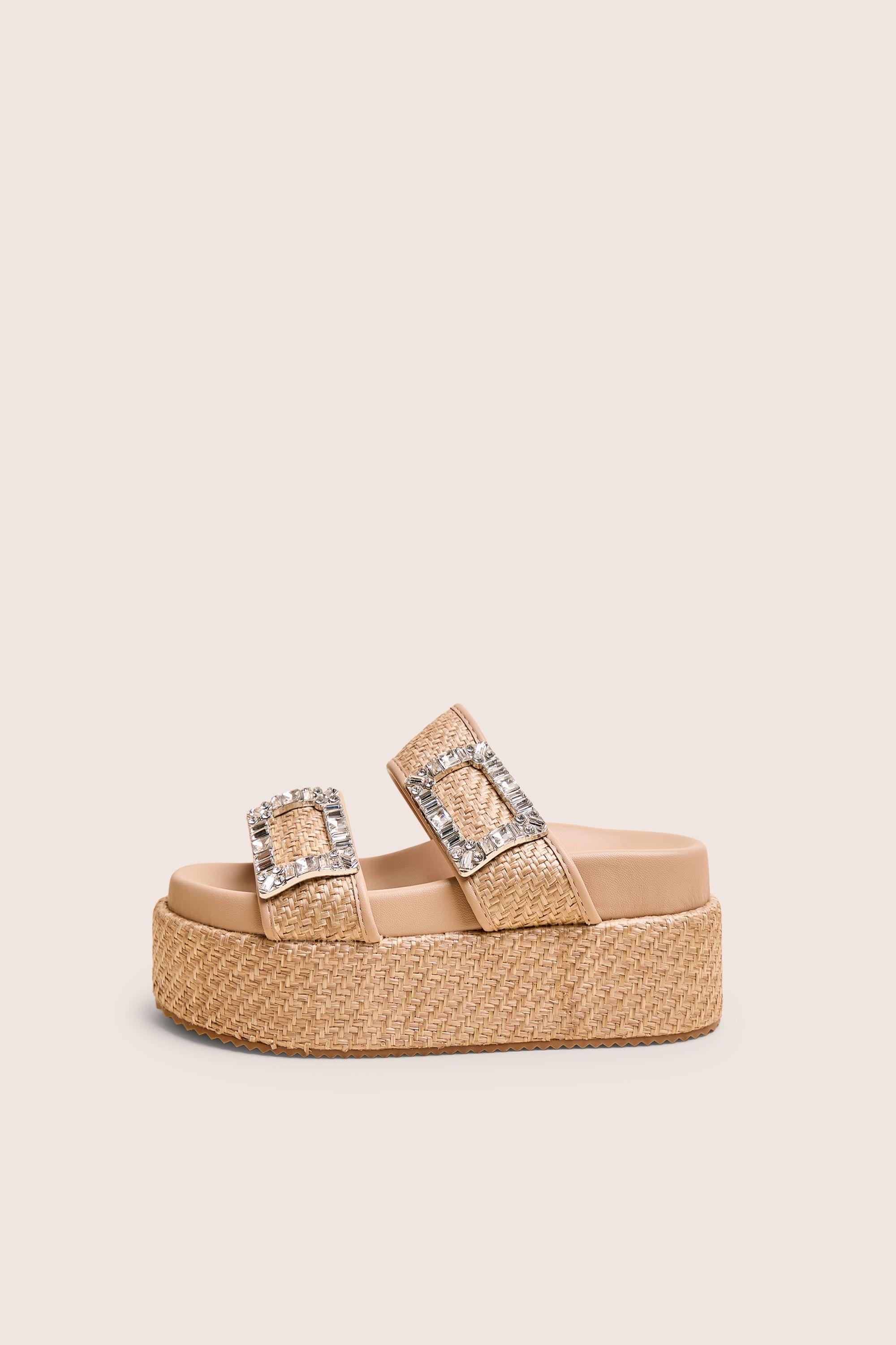 Bettie Natural Rattan Diamante Buckle Detail Flatform Slider Sandals by PUBLIC DESIRE