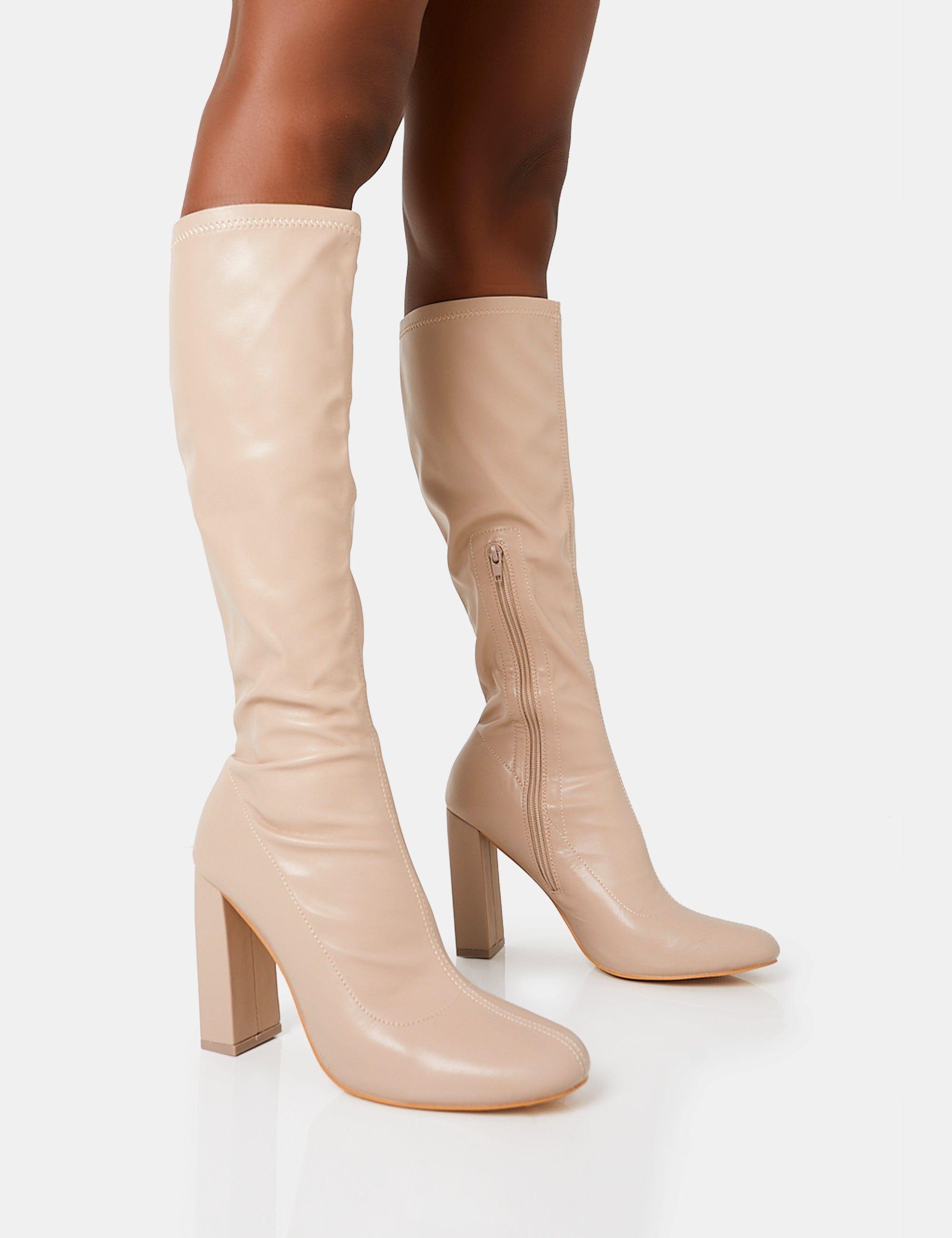 Christina Nude Pu Pointed Toe Block Heel Knee High Boots by PUBLIC DESIRE